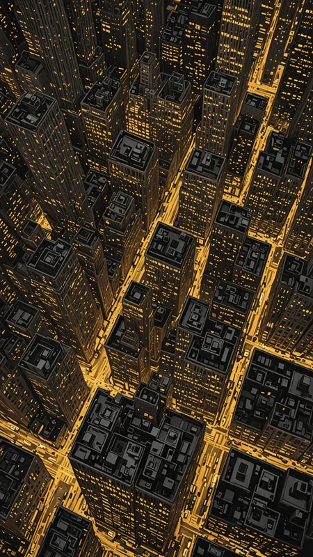 Drone view down on New York city, Aerial View, Yellow lights in building windows, at night, (sharp:1.2), (detailed:1.2), (HD:1.2), (HDR:1.2), (8K:1.2), (best quality:1.2), (best resolution:1.2), maximalist, (masterpiece:1.2), rough lines, by pencil and ink, crosshatching, Painstaking Attention To Detail, <lora:Black__White_One_Accent_Color_-_By_Dice:1>, (Black and white image, yellow Accent)