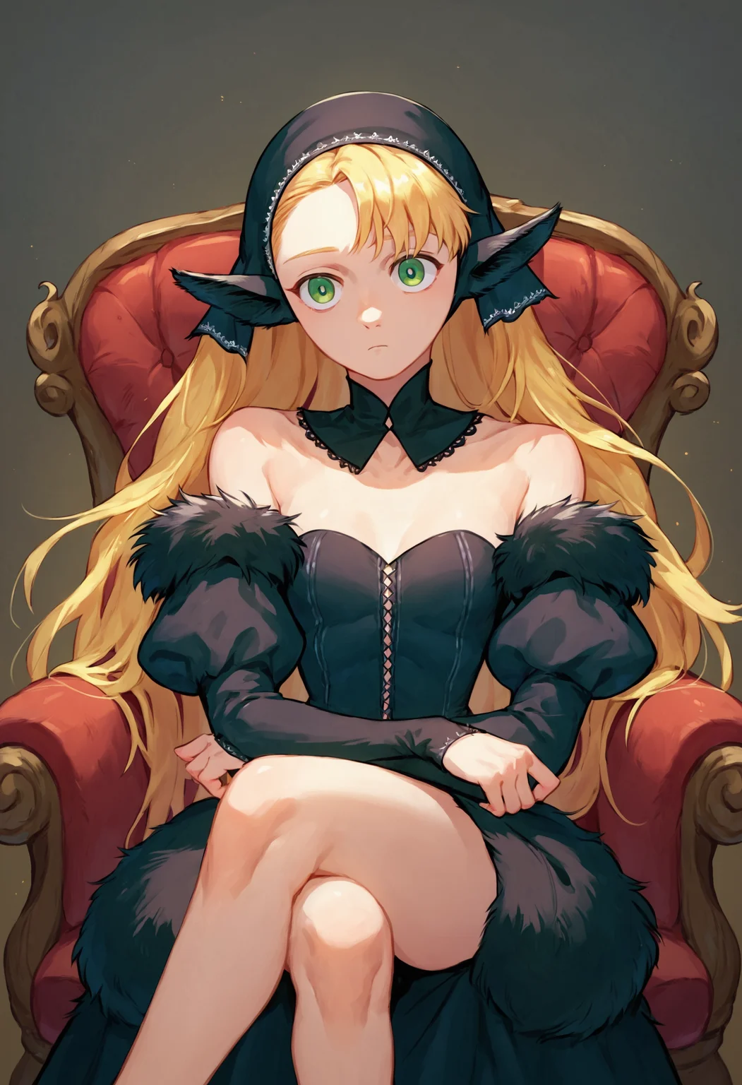 score_9_up score_8_up score_7_up, 1girl marcille lord, black headwear animal ears detached collar black dress bare shoulders detached sleeves fur trim puffy sleeves, sitting on chair, crossed legs, expressionless
<lora:falin_marcille_pony_d16:1>
