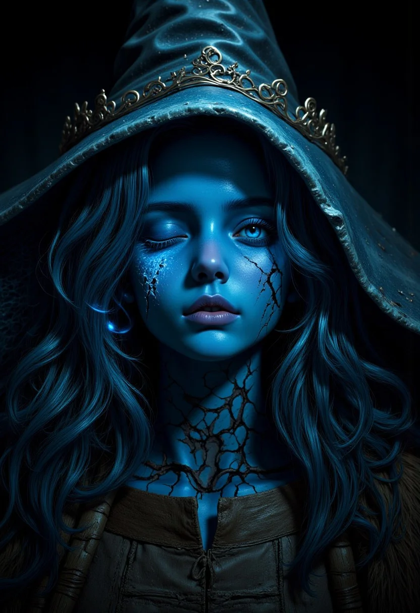 ultra realistic photo of Ranni the witch, B1UE, monochrome, high contrast, dramatic shadows, 1940s style, mysterious, cinematic, digital artwork, illustrative, painterly, matte painting, highly detailed, expressive, dramatic, organic lines and forms, dreamlike and mysterious, Surrealism