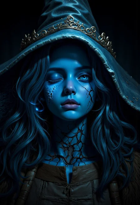 ultra realistic photo of Ranni the witch, B1UE, monochrome, high contrast, dramatic shadows, 1940s style, mysterious, cinematic, digital artwork, illustrative, painterly, matte painting, highly detailed, expressive, dramatic, organic lines and forms, dreamlike and mysterious, Surrealism
