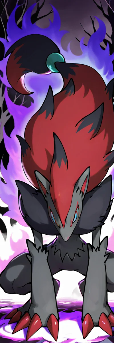 masterpiece, best quality, no humans, zzZoroark, <lora:ZoroarkPokedex_IXL_v1:1.0>, zzZoroark, forest clearing, shattered moonlight, crouching pose, tension in the air, fog weaving through the trees â In the heart of a silent clearing, zzZoroark crouches low to the ground, claws spread, eyes locked on something hidden beyond the fog. Moonlight spills through broken branches above, fragmented by the canopy, casting sharp shadows that stretch like claws across the mossy floor. looking at viewer, glowing eyes, face focus,