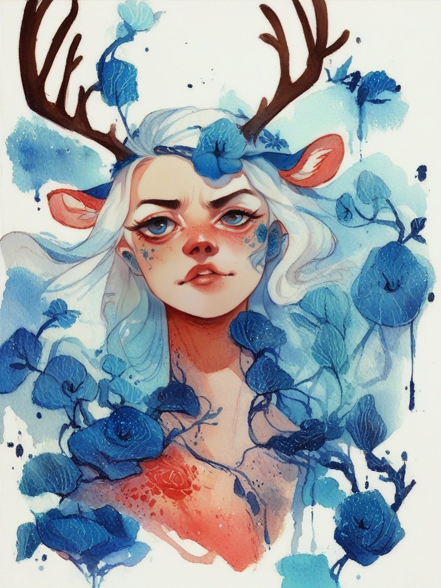 score_9, score_8_up, score_7_up, score_6_up, <lora:blu31nk:0.7> blu31nk, solo, 1girl, white hair, traditional media, watercolor, white background, white and blue, blue vines and floral, antlers,