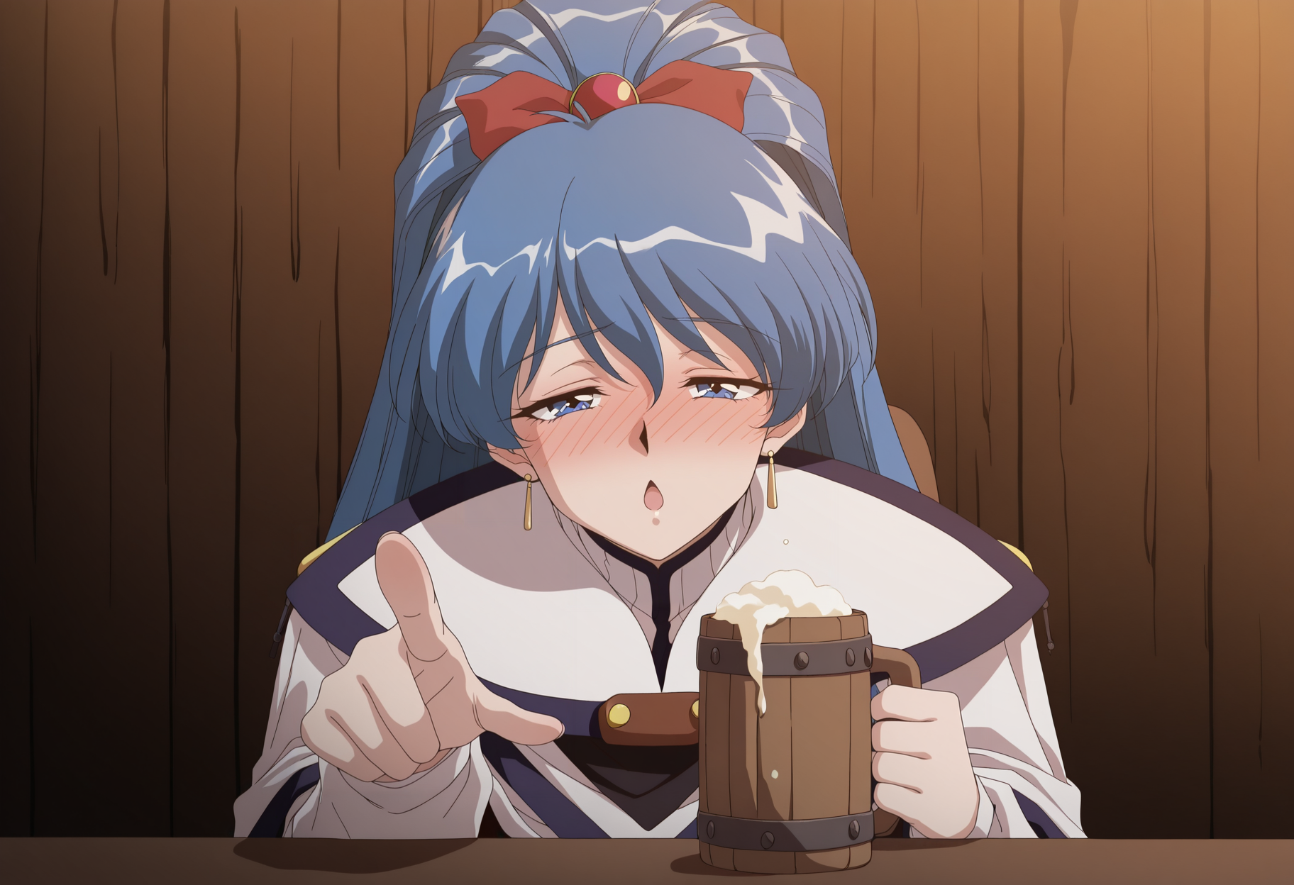 anime coloring, anime screencap, retro artstyle, 1990s \(style\), 1girl, very long hair, blue eyes, blue hair, high ponytail, ribbon, earrings, cloak, sitting, upper body, bar, drunk, dizzy, blush, holding beer mug, pointing at viewer, chestnut mouth, portrait, half-closed eyes,   <lora:sayaka_melty:1>, masterpiece, best quality, amazing quality, very aesthetic, absurdres, highres, newest
