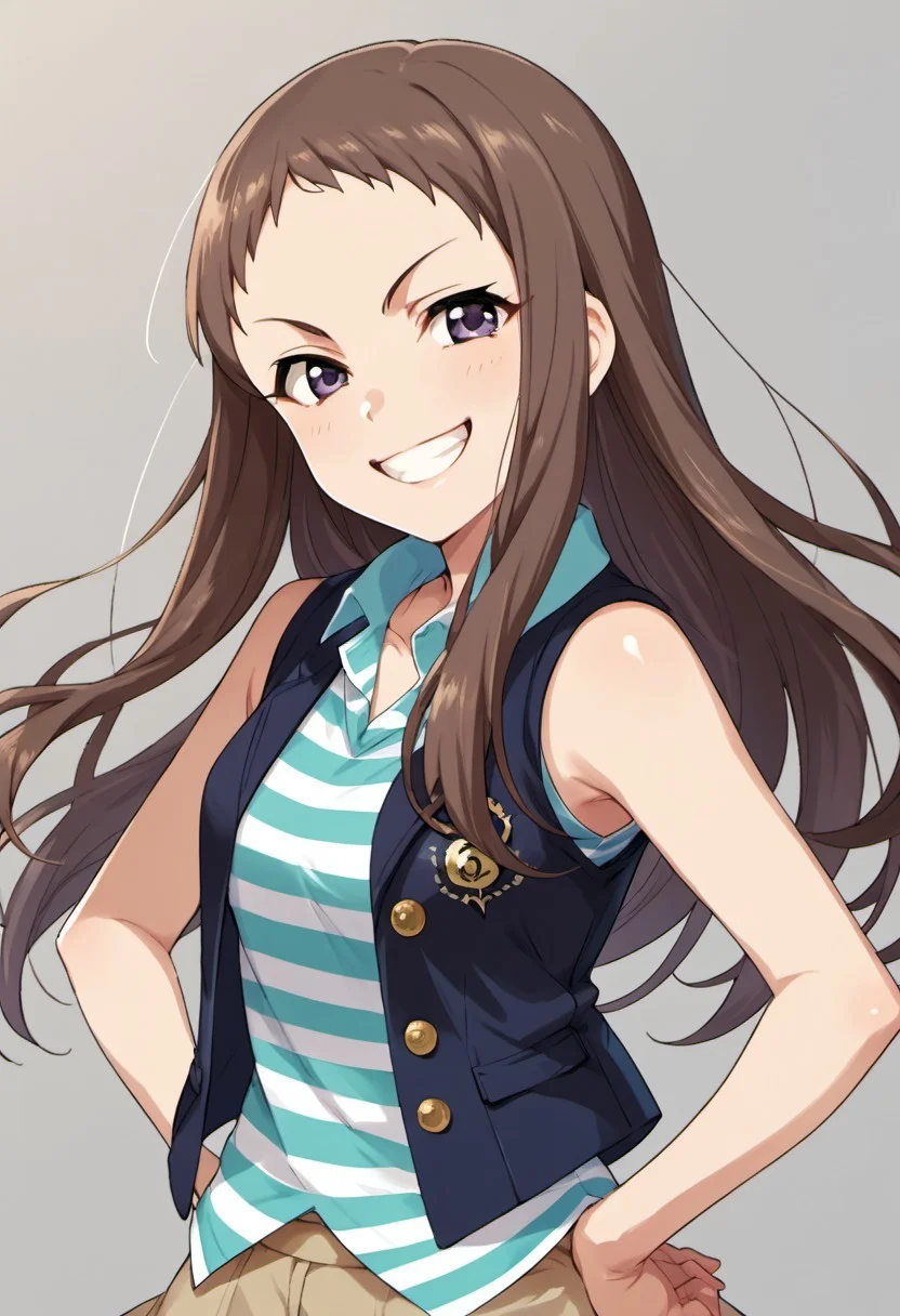 score_9, score_8_up, score_7_up, source_anime, koseki reina, brown hair, long hair, purple eyes, 1girl, solo, smile, hands on hips, grin, vest, striped, shirt, striped shirt, sleeveless