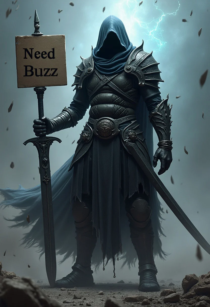 Realism, Realistic, concept art hidden face, mysterious, hooded, full body, dark enigmatic warrior, standing, storm of falling shards, glowing ethereal giant heavy thick sword in hand, warriorâs intricate armor, tattered cloak that billows in the wind, atmosphere is charged with an otherworldly energy, fantasy realism, dramatic lighting, detailed textures to bring the scene to life, holding a signboard saying "Need Buzz" digital artwork, illustrative, painterly, matte painting, highly detailed, ultra real, real,