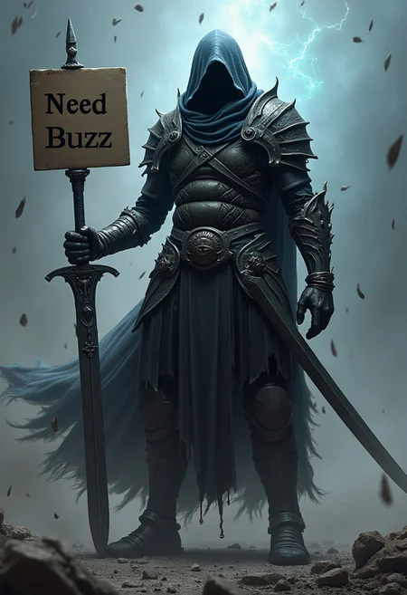 Realism, Realistic, concept art hidden face, mysterious, hooded, full body, dark enigmatic warrior, standing, storm of falling shards, glowing ethereal giant heavy thick sword in hand, warriorâs intricate armor, tattered cloak that billows in the wind, atmosphere is charged with an otherworldly energy, fantasy realism, dramatic lighting, detailed textures to bring the scene to life, holding a signboard saying "Need Buzz" digital artwork, illustrative, painterly, matte painting, highly detailed, ultra real, real,