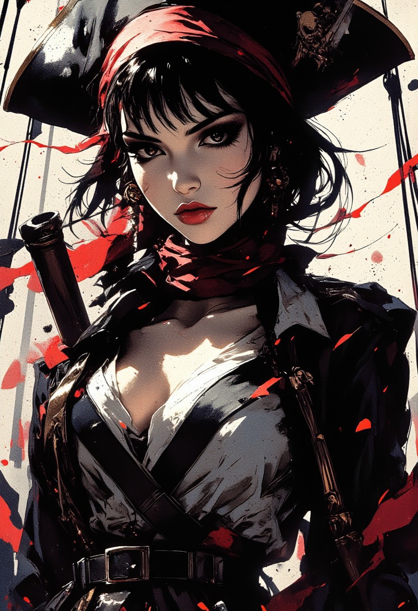 A traditional Japanese ink-on-paper masterpiece blending wabi-sabi aesthetics with a sensual, surreal edge. The artwork features A captivating oriental pirate with shaggy black hair, bangs, bandana, dark eyeshadow, red lips, direct sensual gaze, low cut open blouse with plunging neckline, silhouetted on deck of pirate ship at night, light illuminating one side of her face, chiascuro