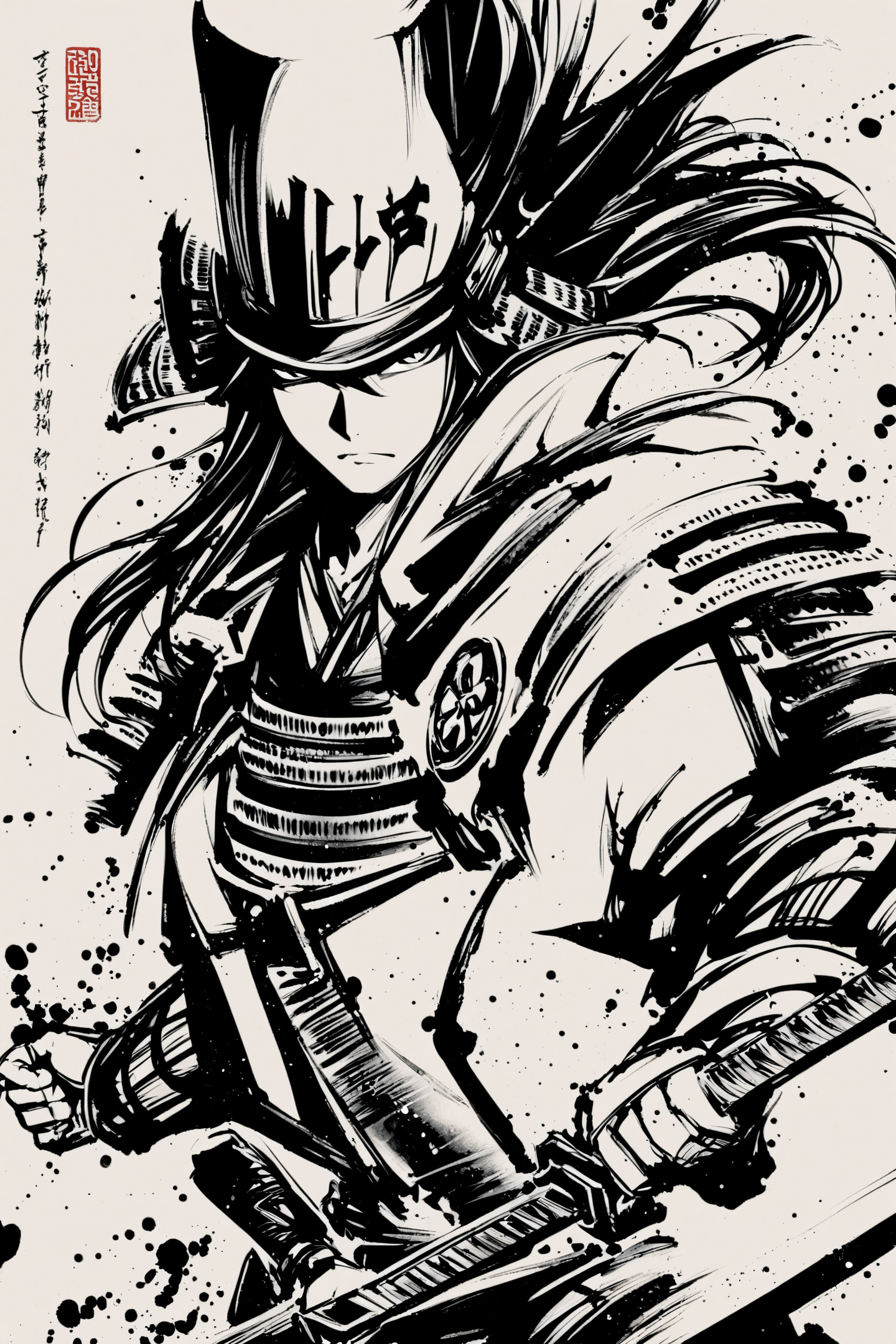 score_9,score_8_up,score_7_up,masterpiece,best quality,
samurai,japanese armor,1boy,armor,weapon,katana,male focus,monochrome,sword,solo,greyscale,long hair,shoulder armor,kusazuri,sode,holding,holding weapon,sheath,holding sword,helmet,kote,
<lora:okazu_XL_PONY:0.9>,