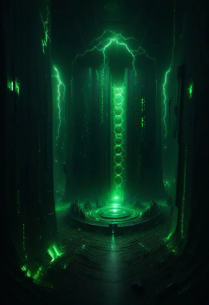 green sun, electricity, green glow, green theme, Necron, server room, chaos,
