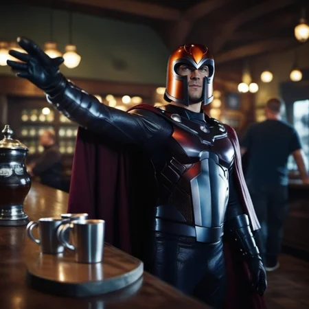 cinematic photo a man with a helmet and a cape is look intensely, opened hands casting a spell, a metal mug on a counter in a pub <lora:Magneto1024:0.8> . 35mm photograph, film, bokeh, professional, 4k, highly detailed