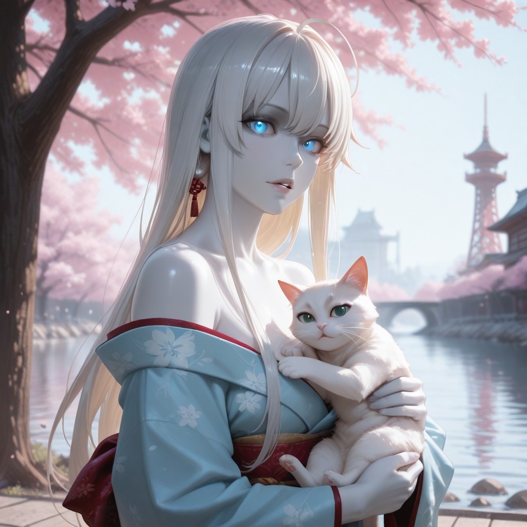 lazypos, perfect anatomy, absolutely eye-catching, ambient occlusion, amazing quality, best quality, very awa,
1girl, Yukinoshita Yukino, //(Orgegairu//) 24yo female, older female, mature female, solo, Blushing, long hair, white hair, colored skin, white skin, pale skin, looking at viewer, parted lips, blonde hair, blue eyes, glowing eyes, cute, kimono, off shoulder's kimono, light blue kimono, fur trimmed kimono, holding cat, white cat, Cherry blossom tree, tower, river,
 <lora:super_secret_lora_not_released:2> <lora:TrendCraft_The_Peoples_Style_Detailer-v2.3I-4_15_2025-Illustrious:0.4>