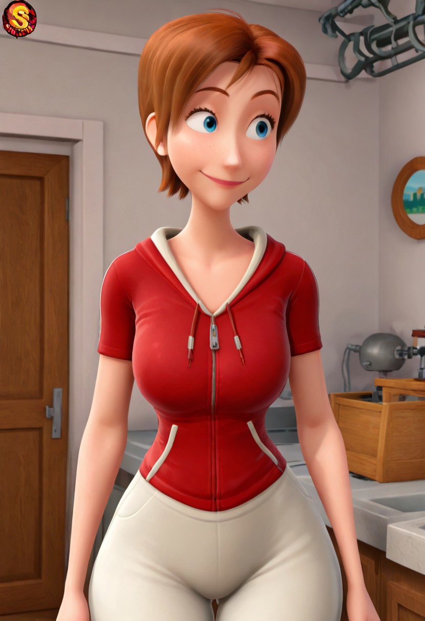 score_9, score_8_up, score_7_up, ultra quality, solo, 1girl, S0e, short hair, brown hair, blue eyes, red jacket, short sleeves, white pants, smile, hips focus, breasts, big hips, big butt, bubble butt, curvy, narrow waist, standing, upper body, front view, looking to the viewer, close up, screencap