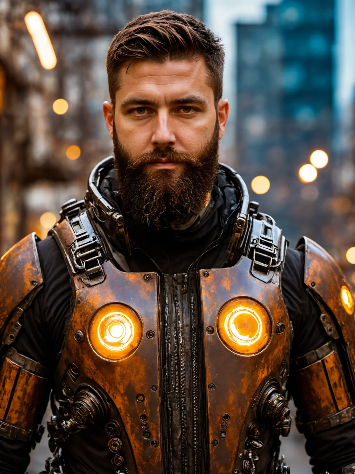 close up Portrait photo <lora:stylesqueeze_v2_xl:1> of muscular bearded guy, in a worn scuffed half life HEV suit, ((light bokeh)), intricate, (steel metal [rust]), elegant, sharp focus, soft lighting, vibrant colors, masterpiece, ((streets)), detailed face