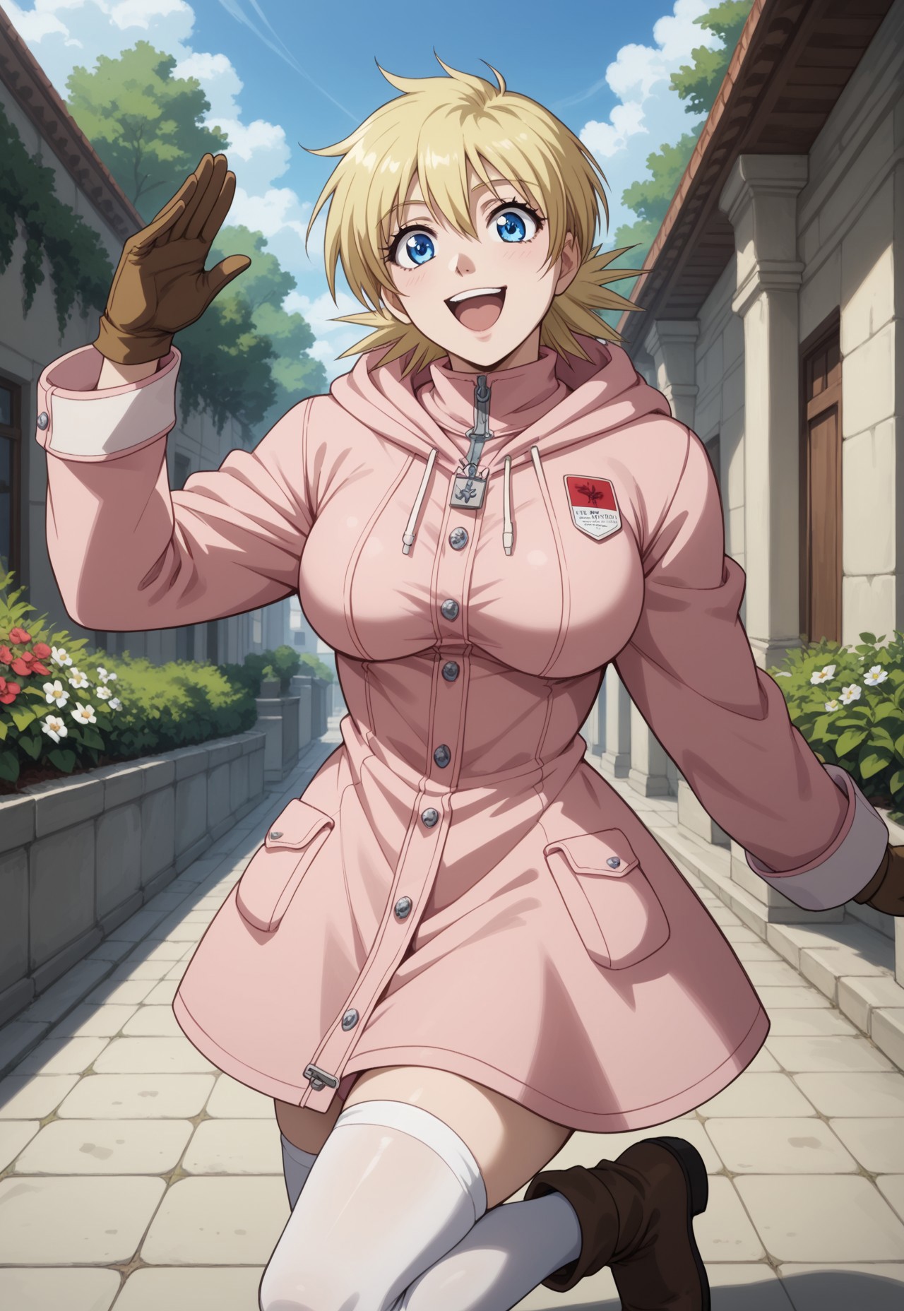 safe_pos, score_9, score_8_up, score_7_up, masterpiece, best quality, very aesthetic, SerasVictoria, 1girl, solo, female focus, blonde hair, short hair, blue eyes, large breasts, PinkCoatSeras, alternate costume, brown gloves, hooded coat, pink coat, hood down, white thighhighs, brown boots, outside, garden, happy, dynamic pose, perspective