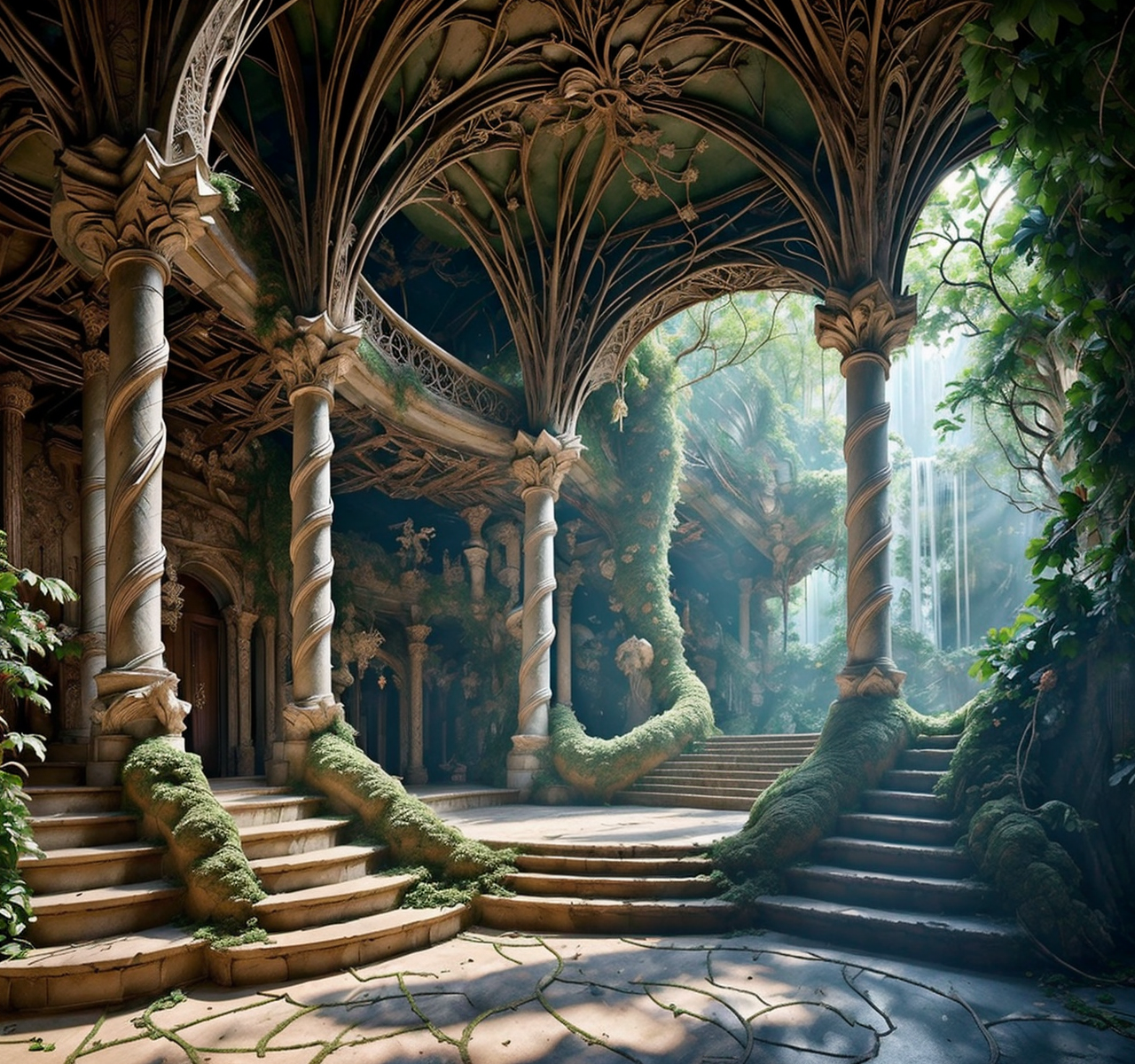 RAW photo, (masterpiece:1.3), subsurface scattering, heavy shadow, (high quality:1.4), (intricate, high detail:1.2), professional photography, HDR, High Dynamic Range, realistic, ultra realistic, photorealistic, high resolution, film photography, ambient lighting, atmospheric effects, <lora:detail_slider_v4:2>, OverallDetail,   <lora:ElvenInterior:1>, arch, column, elfint, indoors, no humans, scenery, stairs, statue, sunlight, tree, vines, waterfall,