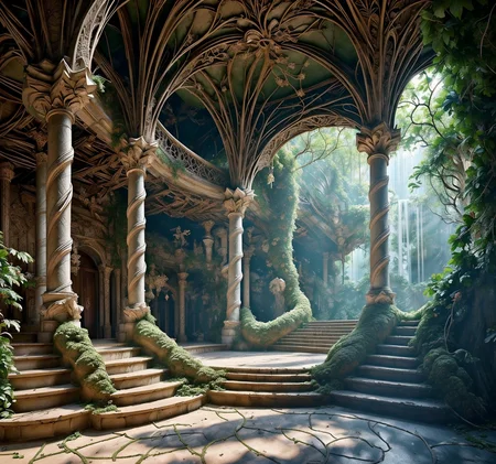 RAW photo, (masterpiece:1.3), subsurface scattering, heavy shadow, (high quality:1.4), (intricate, high detail:1.2), professional photography, HDR, High Dynamic Range, realistic, ultra realistic, photorealistic, high resolution, film photography, ambient lighting, atmospheric effects, <lora:detail_slider_v4:2>, OverallDetail, <lora:ElvenInterior:1>, arch, column, elfint, indoors, no humans, scenery, stairs, statue, sunlight, tree, vines, waterfall,