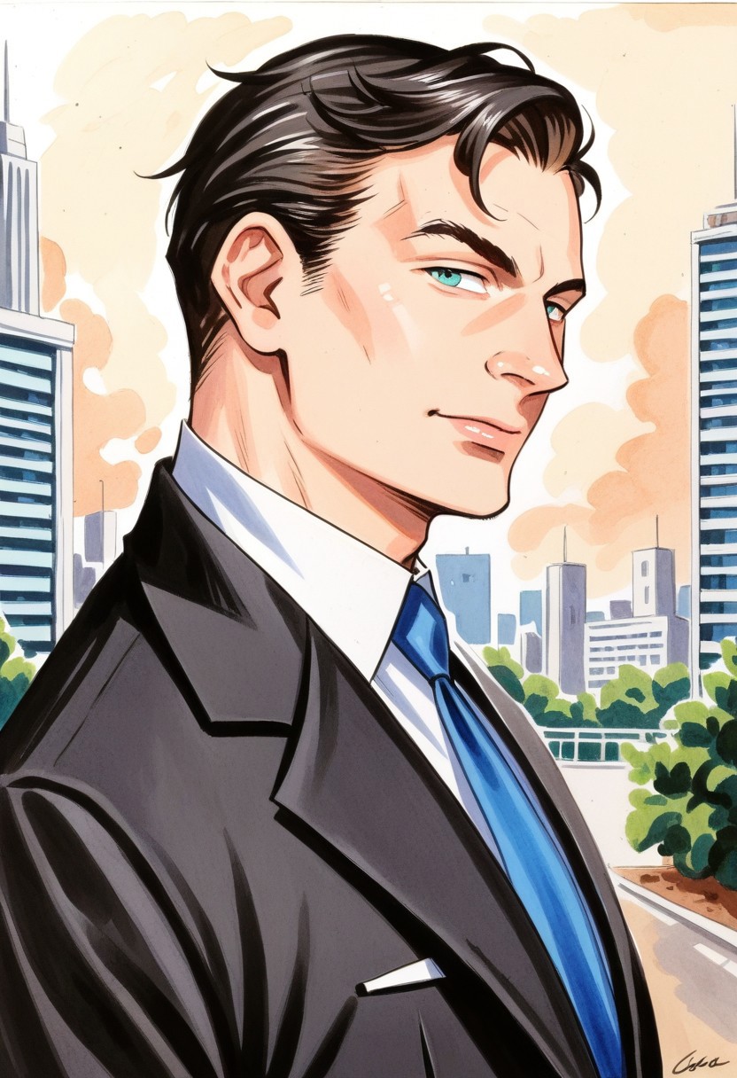 score_8, score_8_up, score_7_up, traditional media, 1boy, solo, male focus,  DE007, black hair, asymmetrical hair, mature male, asymmetrical hair, asymmetrical bangs, single bang, aqua eyes, from side, upper body, suit, formal, black jacket, open jacket, white shirt, black vest, blue necktie, necktie, outdoors, russia background, city, street