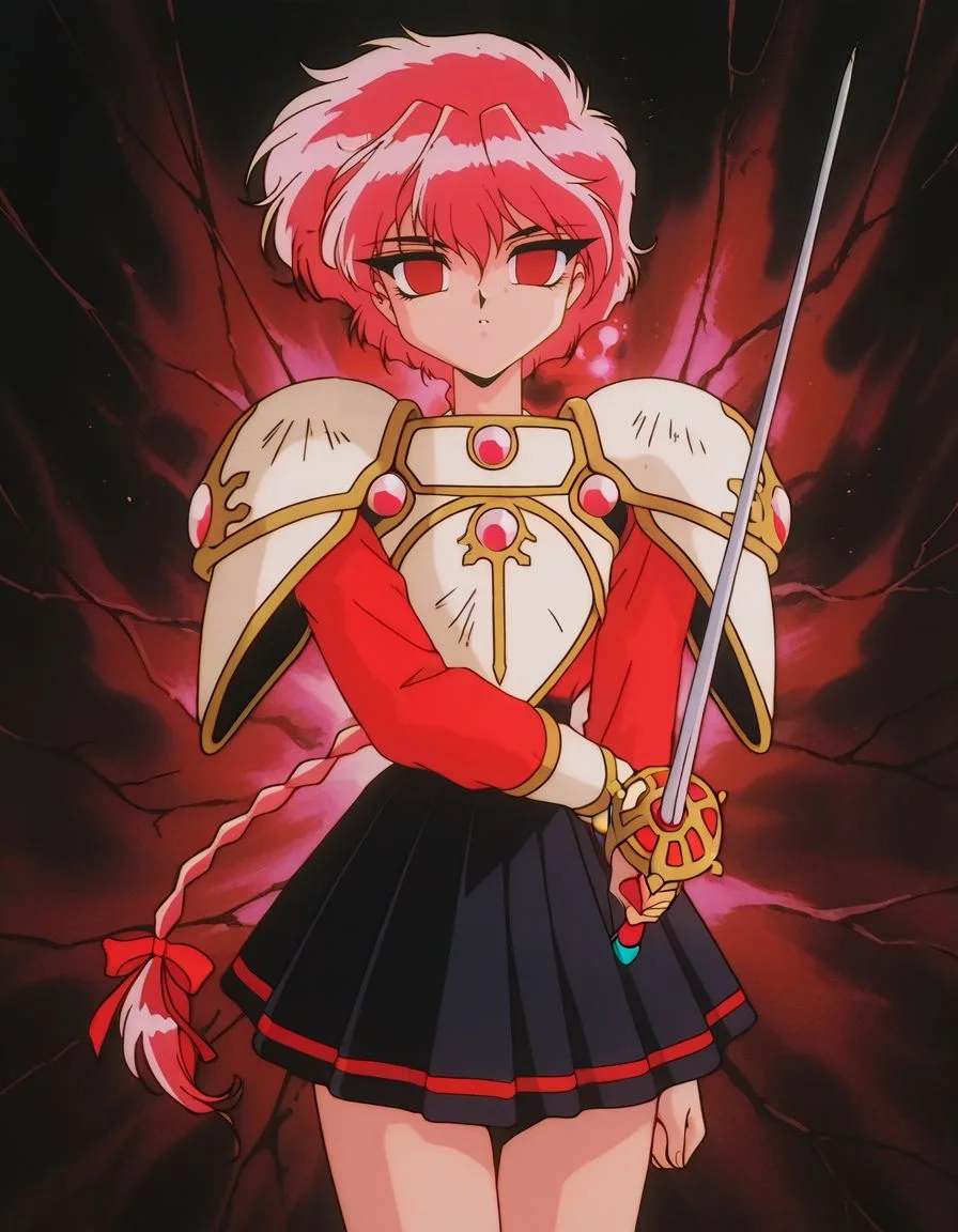 masterpiece, best quality, full body, female focus, solo, empty eyes, mind control, black skirt, holding a rapier, cowboy shot,
<lora:Hikaro:1>, hikar0, 1girl, red eyes, black eyes, pink hair, short hair, retro artstyle, single braid, pauldrons,