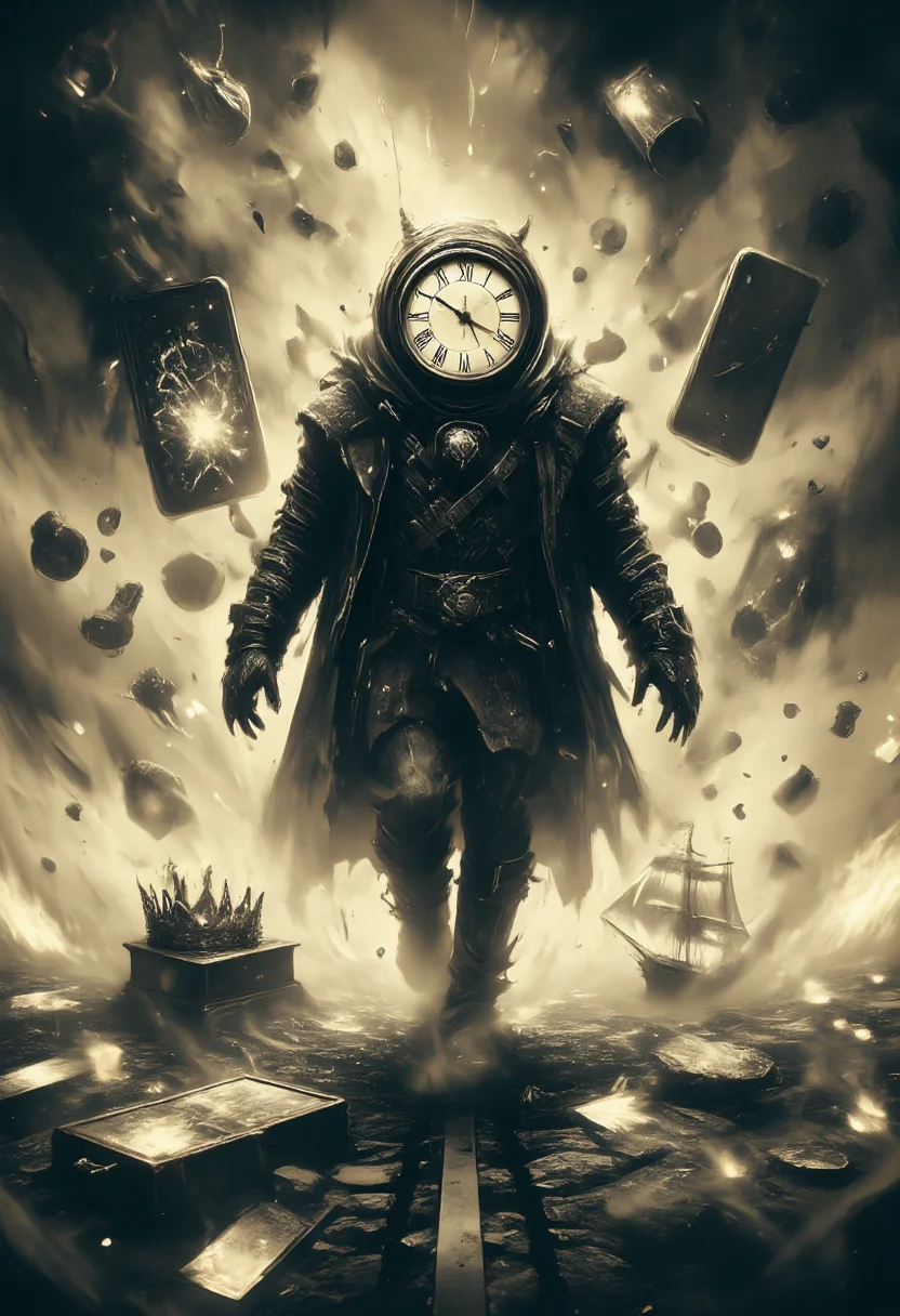 An enigmatic figure with a clock face for a head walks across an endless plain of glowing mist. Floating alongside them are objects from different erasâa modern smartphone displaying static, a glowing gramophone, a medieval crown, and a wooden ship in a bottle that drifts as if on an invisible tide.