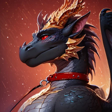 score_9, score_8_up, score_7_up, score_6_up, semi-realistic artwork, high quality, vibrant colors, best quality rendering, intricate details, high resolution, sharp focus, best render quality,[e621] Scappo Style,Expressiveh,
Dracthyr, solo, horns, colored sclera, antlers, black skin, scales, tail, wings, collar, colored skin, male focus, dragon tail, dragon horns, 1boy, claws, jewelry, leash, pointy ears, red eyes, christmas