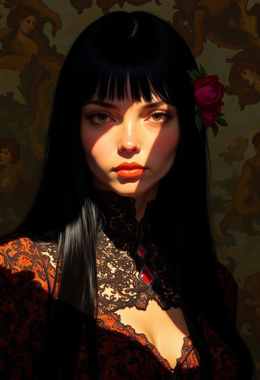The artwork depicts an enigmatic woman illuminated by soft, dramatic light that highlights her features with captivating clarity. Her face exudes quiet confidence, with finely sculpted cheekbones, a straight nose, and slightly parted lips that contribute to her mysterious allure. Her golden-brown eyes gaze toward the viewer with an expression that is both contemplative and subtly challenging, as though guarding unspoken secrets. Her long, straight black hair cascades smoothly over her shoulders and down her back, its dark silkiness standing out against the light falling across her face. A delicate red rose tucked behind her ear provides a stark contrast to her dark hair, adding a touch of romantic symbolism to her otherwise restrained appearance. She wears a richly detailed, high-collared garment adorned with intricate lace patterns, suggesting opulence and sophistication. The ornate embroidery seems almost alive, its swirling motifs lending depth and texture to the scene. A tiny red jewel sits at the center of her collar, subtly drawing attention to her throat as a focal point. The background, though largely enveloped in darkness, reveals hints of an ancient setting—a faded mural or tapestry peeks through behind her, suggesting a historical or even gothic environment. The interplay between shadow and light further enhances the atmosphere, adding an air of mystery and timeless elegance to the composition.