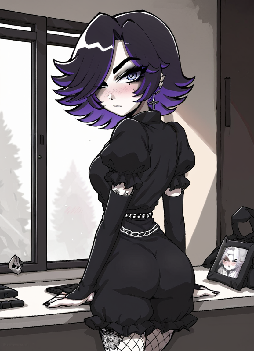 score_7_up, score_8_up, score_9, (ksusha_def_afs_outfit:1.2), hair over one eye, 1girl, looking back at viewer, serious, blush, annoyed, indoors