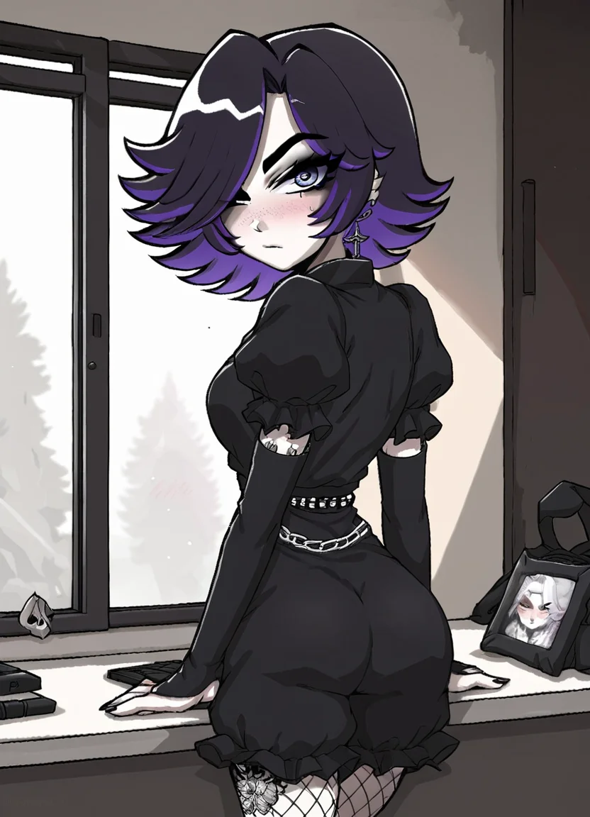score_7_up, score_8_up, score_9, (ksusha_def_afs_outfit:1.2), hair over one eye, 1girl, looking back at viewer, serious, blush, annoyed, indoors