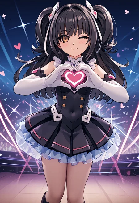 score_4,score_5,score_6,score_7_up,score_8_up,score_9 ((masterpiece,best quality,ultra detailed,highres,HD,4k:1.2)),
Azure Striker Gunvolt(Main),shining highlights, 1girl, solo, girl focus,solo focus,face focus,
fuyuko mayuzumi, black hair,brown eyes,long hair, two side up,
white elbow gloves,covered navel,body suit,black skirt,boot,black knee socks,
stage,idol stage,((Make a heart symbol with both hands, heart with both hands,heart hands,heart symbol:1.1)), looking at the audience, ((wink,closed one eye)),blush,smile, closed mouth,