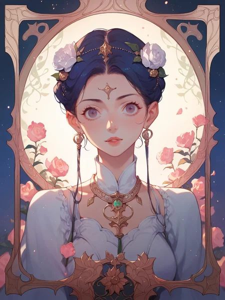 source_anime, score_9, score_8_up, score_7_up, score_6_up, score_5_up,  <lora:rdjXLP:0.8> rdj, light particles, 1girl, night sky, curvy, flower, tarot, portrait,