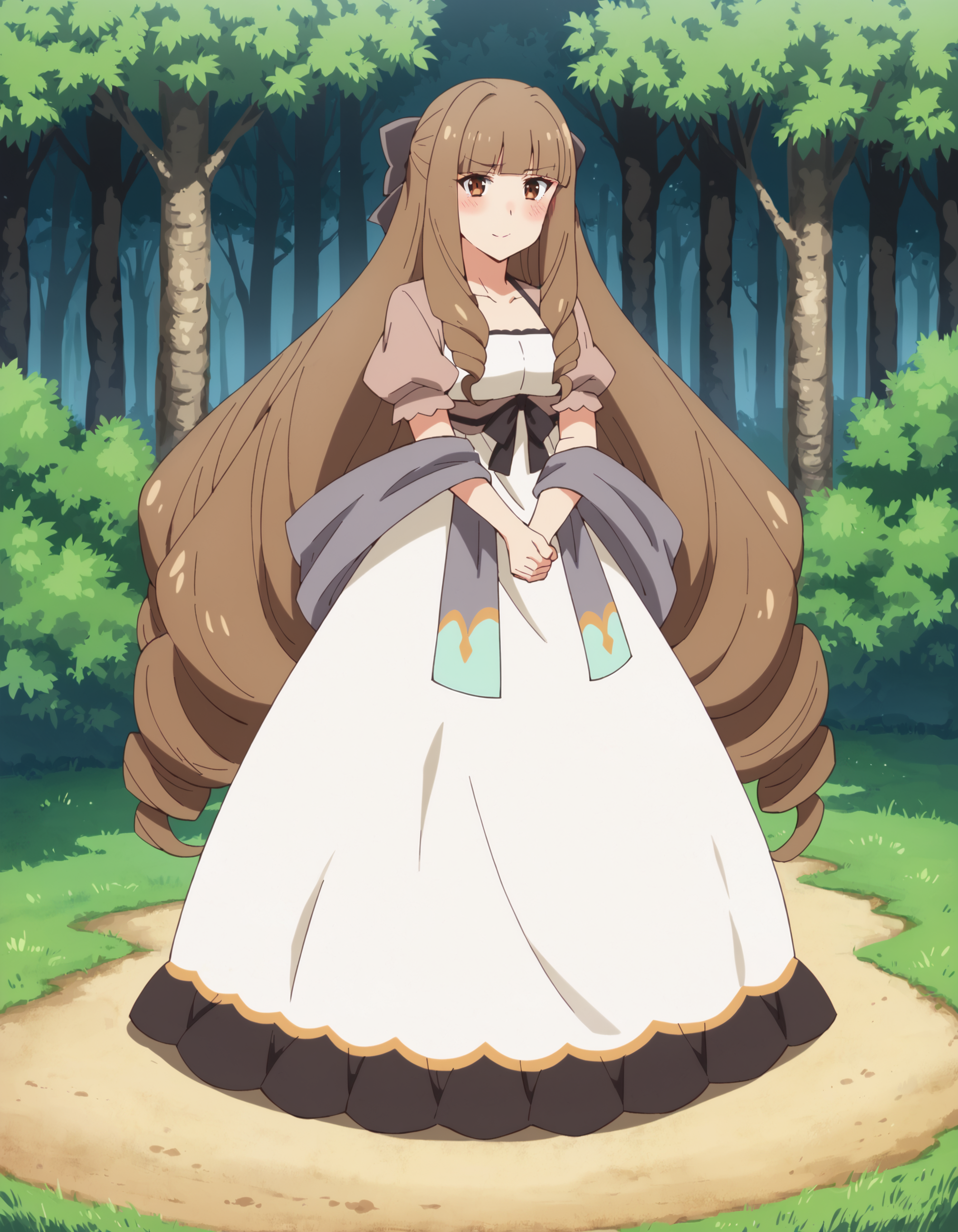 score_9, score_8_up, score_7_up, score_6_up, score_5_up, score_4_up, anime coloring
BREAK
elizabeth_olis, 1girl, solo, brown hair, drill sidelocks, very long hair, brown eyes, sundress, hair bow, short sleeves, shawl, looking at viewer, blush, full body, clenched hands, smile
BREAK
nature, outdoors
<lora:elizabeth_Lv2karaCheat_ponyxl_v01:1>