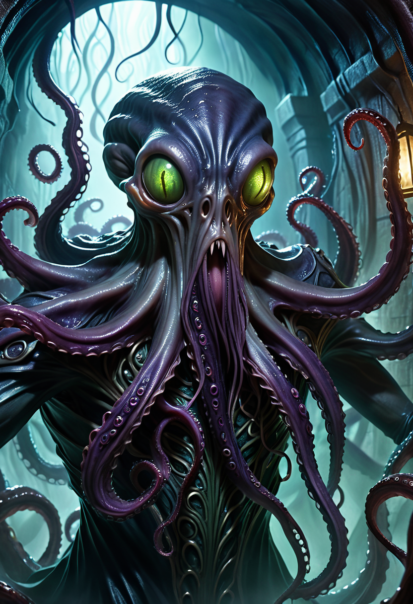 eldritch horror-inspired, close-up shot emphasizing tentacled face, dimly lit, horror-inspired atmosphere, hands raised in psionic focus, dark labyrinthine tunnels, tentacled face, dark, leathery skin, elongated cranium, slender, alien physique, four long tentacles extending from mouth fantasy_random_lora, realistic, uhd, 8k, masterpiece, intricately detailed, cinematic, best quality, absurd resolution, fantasy art, fantasy race concept, artfully_mindflayer,  <lora:artfully_MINDFLAYER_SDXL:0.8>