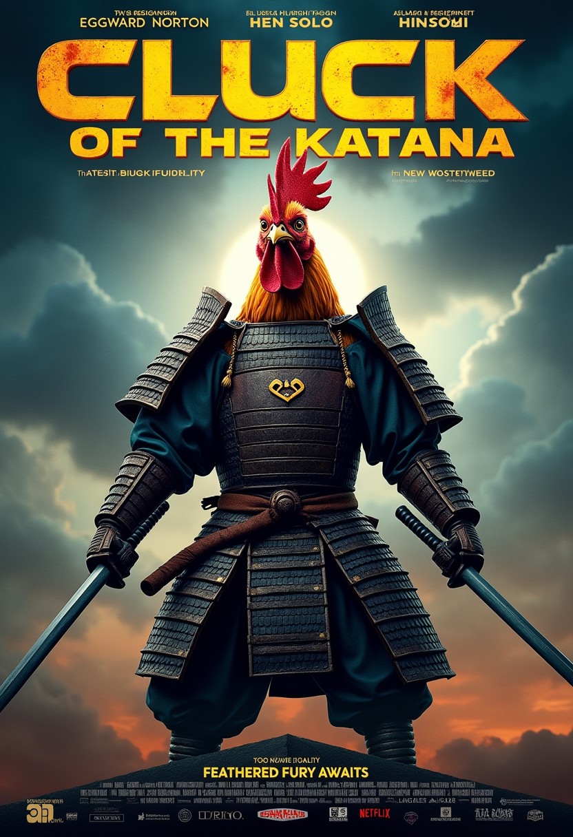 A Hollywood movie poster featuring a photorealistic chicken dressed in full samurai armor, wielding two katanas, with epic volumetric lighting casting dramatic shadows. The chicken stands in a battle-ready pose against a stormy sky, feathers ruffled, looking fierce and determined. The movie title 'Cluck of the Katana' is emblazoned across the top in bold, stylized lettering. Below, actor names like 'Eggward Norton' and 'Hen Solo' appear above the tagline: 'Feathered Fury Awaits.' Movie studio logos and credits are placed at the bottom in typical poster fashion. 4K, masterpiece quality