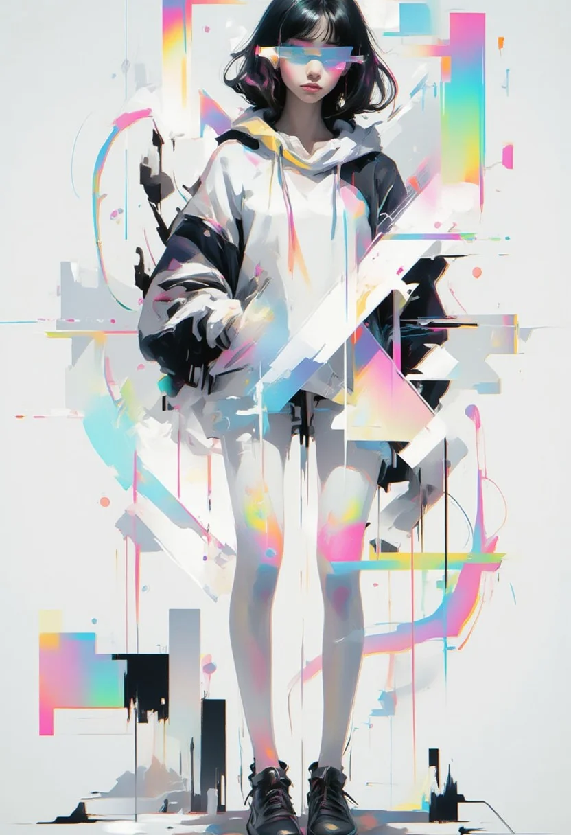 aidmaimageupgrader, female character framed by geometric shapes, glitchcore aesthetic, white space dominance, minimalist design, soft gradients, glowing holographic lines, fragmented glitch effects, subtle neon overlays, abstract symmetry, futuristic fashion with clean lines, muted color palette, digital distortion around edges, serene atmosphere, faded visual artifacts, worn textures, dreamlike holographic glow, delicate composition, degraded digital aesthetics, quiet focus, ethereal ambiance,pscho_4rt