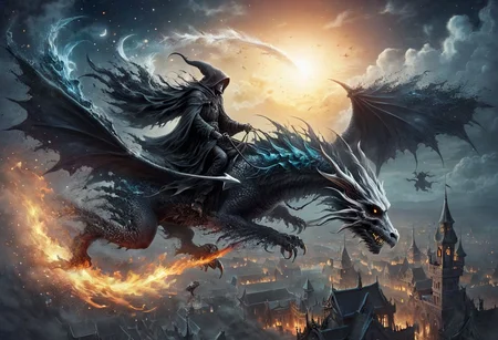 8k, high resolution, best quality, perfect colors, colorful, perfect shadows, perfect lighting, masterpiece, ultra detailed, final showdown super illustration extremely detail, story about a grim reaper riding a skull demon dragon, flying skull dragon, bright moon and stars, dark sky, black cloud, foggy, all range, view of the wizard city from above, Awash in a haze of light leaks reminiscent of film photography, awesome background, cinematic, wide shot, Dutch Tilt, High Angle Shot,