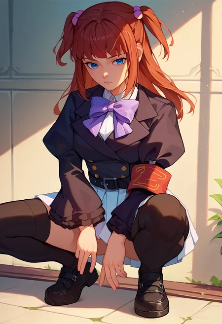 score_9, score_8_up, score_7_up,1girl, Ange, brown hair, two side up, blue eyes, white shirt, purple bow, black jacket, single armband, black belt, white skirt, frilled sleeves, black thighhighs, squatting, front view, shoes, <lora:Ange 4-000008:1>
