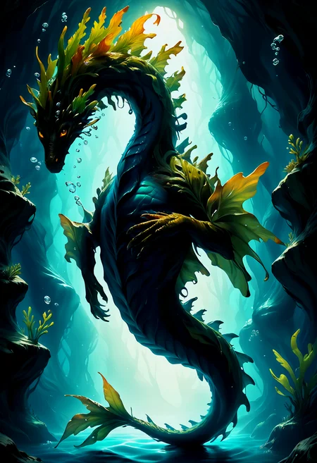 score_9, score_8_up, score_7_up, score_6_up, score_5_up, score_4_up, <lora:Pony_WaterElements:0.7> waterelements,beautiful expressive face, underwater, extremely detailed, beautiful underwater dragon creature, no humans, extremely detailed scales, seaweed mane, fishtail, beautiful eyes, moonlight, realistic, high quality, detailed, fantasy dark cave background, sparkling water, dark shadows, glowing in the dark, bright colors, high contrast, dark background, vivid lighting,