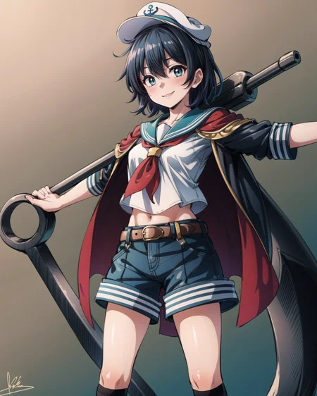 <lora:touhou_murasa-10:1.0>, 1girl, aqua_eyes, (anchor:1.1), belt, blush, brown_footwear, cape, crossed_arms, full_body, gradient_background, blue_hair, hat, jacket_on_shoulders, kneehighs, looking_at_viewer, murasa_minamitsu, sailor_collar, sailor_hat, short_hair, shorts, signature, smile, solo, standing, <lora:add_detail:1>, masterpiece, best quality