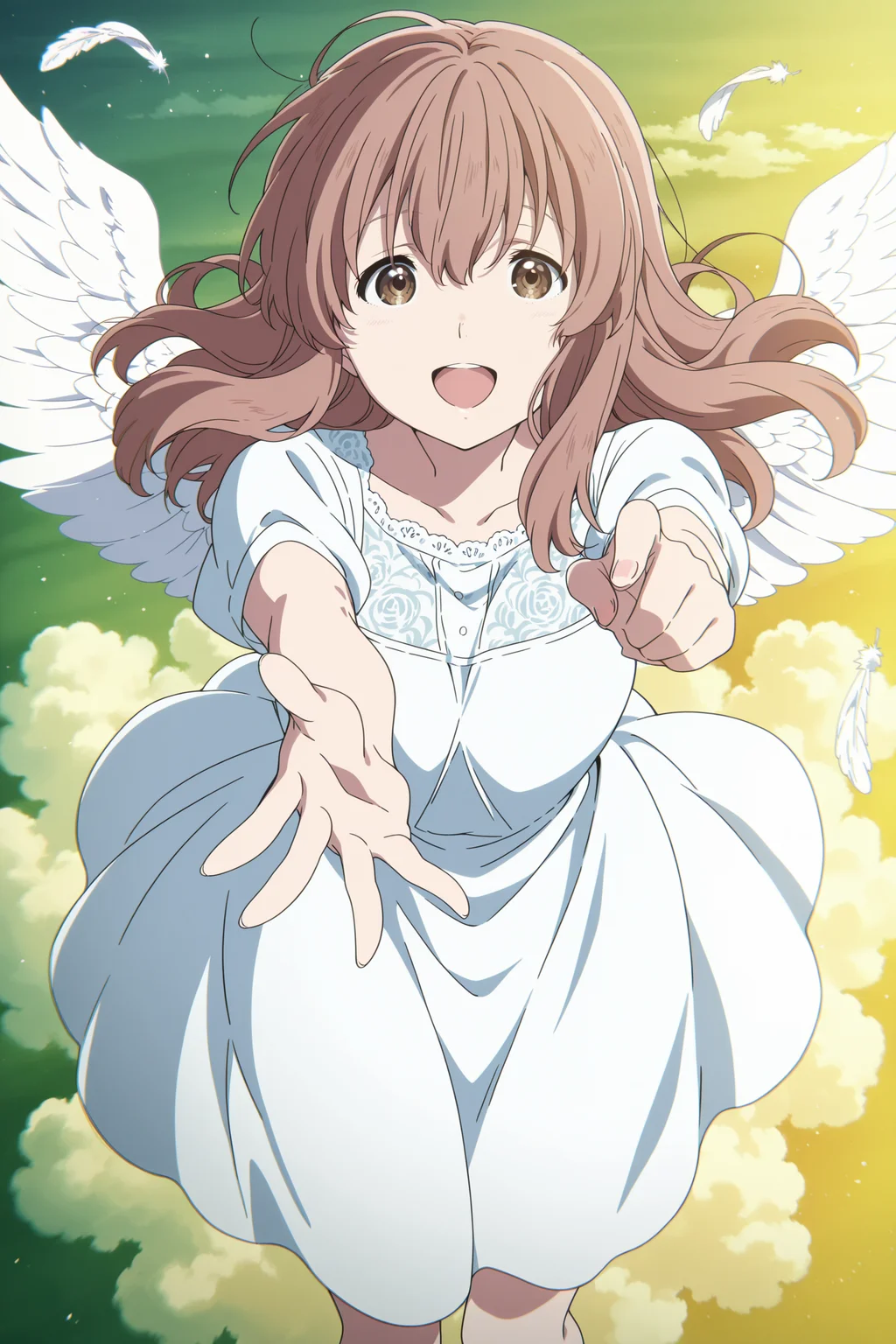 anime screencap, anime coloring, detailed face, perfect fingers, masterpiece, best quality, very aesthetic, absurdres, volumetric lighting,
outside, girl on top of a cloud,
<lora:Shoko_Nishimiya_A_Silent_VoiceKoe_no_Katachi:1>
Shouko Nishimiya (character), 1girl, brown hair, solo, brown eyes, long hair, fancy white lace dress, cute smile, looking at the viewer, reaching out a single hand to the viewer, :D, happy girl, angel, white angel wing feathers, high angle