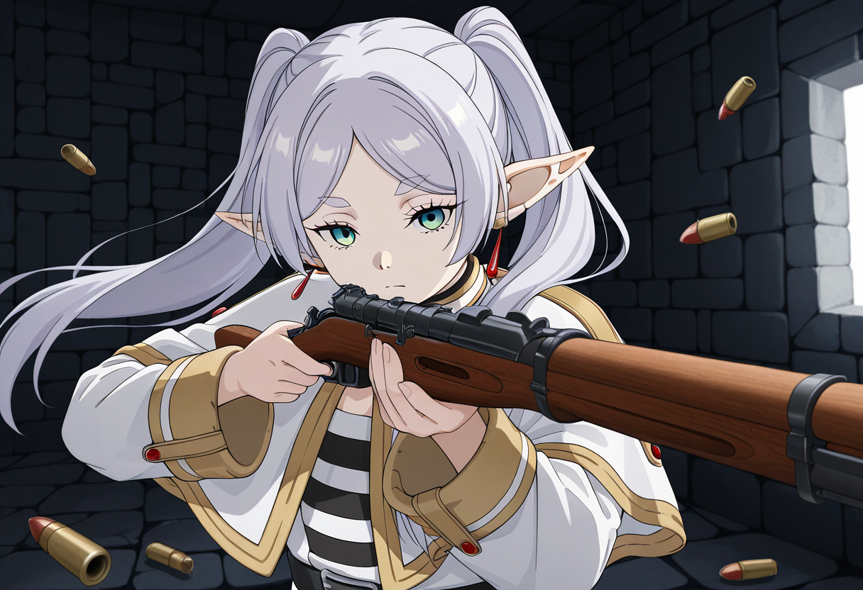 masterpiece, best quality, 1girl, solo, frieren, upper body, dungeon, dynamic pose, serious face, m0s1n, gun, holding weapon, rifle, bolt action, aiming, perspective, shooting, bullet,