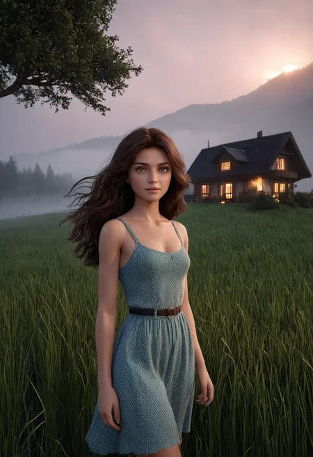 professional 3d model <lora:3vg3nylushp1n:1>,3vg3nylushp1n,evgeny,lushpin,scenery,, grass, mountain, nature, outdoors, scenery, a house in a green field with mountains in the background at night time with a foggy sky and a dark sky, Evgeny Lushpin, beautiful landscape, a matte painting, neo-romanticism, a woman,(Height, 5 feet 6 inches (167 cm):1), (Build, Slim, slightly willowy frame:1), (Hair, Thick, bushy brown hair, often untamed and wild:1), (Eyes, Warm brown eyes:1), (Skin, Fair complexion with a natural, slightly rosy undertone:1), . octane render, highly detailed, volumetric, dramatic lighting