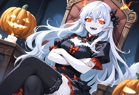 (masterpiece), (score_9, score_8_up, score_7_up,source_anime), 4K8K,
(from front), misty, steam, fog, Floating Halloween pumpkins,
halloween, halloween fantasy,
Japanese cute woman, Sitting on a throne, (solo), (Glossy skin, pale skin:1.3), makeup vampire, (crossed arms, pigeon-toed), burning pumpkin, (dark aura:1.4), (smirk, half-opened mouth, Canine, tooth, fang1.2),
(medium figure:0.9), (pointy breasts:1.1),
(white hair, verry long hair), (red glowing eyes, slanted eyes:1.2),
(wearing vampire cos, dress, makeup, red and black dress, zettai ryouiki, thighhighs:1.2),
(emperor's audience room, dark room:1.3), elf ears,