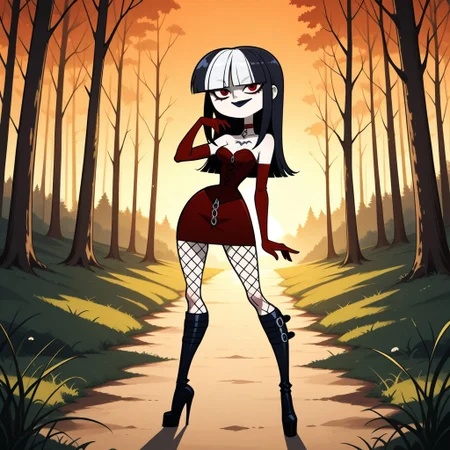 score_9, score_8, BREAK, solo, dark red corset, goth, blunt bangs, dark red gloves, long hair, red eyes, makeup, knee boots, high heel boots, fishnets, chest tattoo, choker, breasts, total drama, CrimsonTD, pale skin, white skin, black lips, lipstick, multicolored hair, black hair, white hair, sexy pose, self portrait, smile, looking at viewer, outdoors, sunlight, shadows, evening lighting, natural lighting, forest, trees, grass, orange sky, sunset