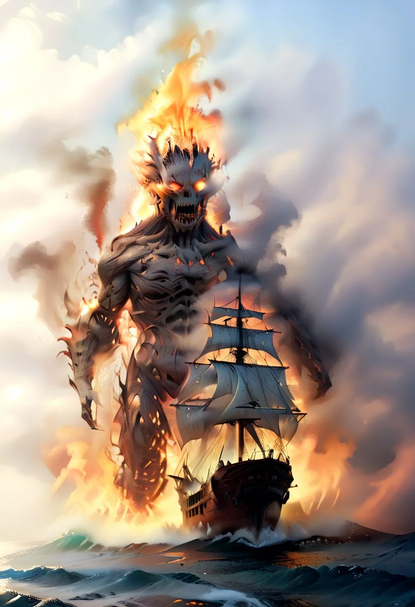 masterpiece,high resolution,detailed,
<lora:water_xl:0.8>
watermode, 1 fire elemental with flames in the eyes sinking a ship, tattered sails, rough sea, big waves, ocean, steam, fog