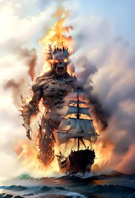 masterpiece,high resolution,detailed,
<lora:water_xl:0.8>
watermode, 1 fire elemental with flames in the eyes sinking a ship, tattered sails, rough sea, big waves, ocean, steam, fog