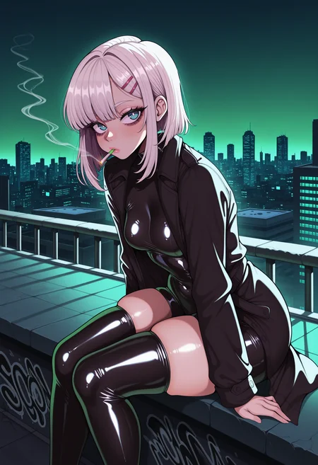 <lora:mixed:1>, STYLE_M1X, masterpiece, absurdres,amazing quality, best quality, extremely detailed, detailed background,1girl,bags under eyes,black bodysuit,black coat,black thighhighs,blue eyes,bodysuit,bodysuit under clothes,breasts,bright pupils,cigarette,city lights,cityscape,coat,concrete,covered navel,cyberpunk,english text,feet out of frame,foot dangle,frown,graffiti,green light,green theme,hair ornament,hairclip,hand on ground,hand up,high up,latex,latex thighhighs,leaning forward,light blush,looking at viewer,medium hair,night,on roof,open clothes,open coat,outdoors,painterly,perspective,polish text,profanity,rooftop,sidelighting,sidelocks,sitting,small breasts,smog,smoking,solo,thighhighs,thighhighs over bodysuit,trench coat,turning head,urban,white hair,white pupils