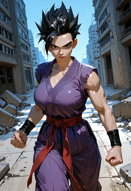 1girl, genderswap \(mtf\), genderswap, solo, DBSSHGohan, spiked hair, black hair, black eyes, big breasts, purple dougi, red sash, black wristbands, purple pants, olive-brown shoes, solo, fighting stance, arms at sides, clenched hands, clenched fists, dynamic pose, upper body, looking at viewer,cowboy shot, blue sky, damaged concrete ground, scene reference
masterpiece, best quality, amazing quality,
DBSSHGohan, gohan,
<lora:Detailer_NoobAI_Incrs_v1:0.75>, masterwork, masterpiece, best quality, dynamic lighting , dynamic pose,, dynamic angle, , , (lineless:1.2), detailed, depth of field, dynamic lighting, blurry, (cheekbones:0.85), (realistic:1.2)
adult, aged up,, ultra-HD, cinematic lighting, photorealistic, (impressionism:1.5), high detail ,masterpiece, best quality, very aesthetic, 8k,