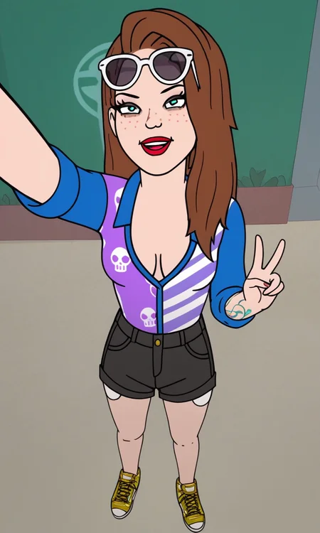 , score_9, score_8_up, score_7_up, score_6_up, score_5_up, score_4_up, show accurate style, source_cartoon , flat colors, sarahlynn, 1girl, brown hair, solo, long hair, freckles, collared shirt, graphic shirt, , arm tattoo, cleavage, aqua-green eyes, black shorts, full body, outdoors, yellow footwear, from below, sunglasses on head, sigh, peace symbol, from above, ,AddXL,Perfect Hands, taking a selfie, ((unique selfie view))