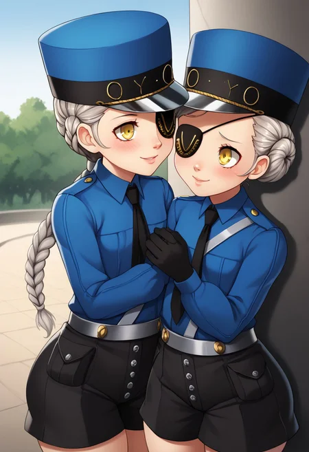 score_9, score_8_up, score_7_up, , shiny skin:0.1, source_anime, , deep skin,, high quality, highres, , 2girl, (curvy), ((wide hips)),, thick thighs, cute, , sexy, small breasts, CarolineP5, caroline (persona 5), yellow eyes, gloves, hat, hair bun, short hair, eyepatch, black gloves, necktie, long sleeves, blue headwear, shirt, blue shirt, wing collar, grey hair, black shorts, smile, outside,
JustineP5, justine (persona 5), official outfit, yellow eyes, gloves, hat, braid, eyepatch, black gloves, long hair, necktie, long sleeves, blue headwear, shirt, grey hair, blue shirt, single braid, wing collar, black shorts, shy, blush,