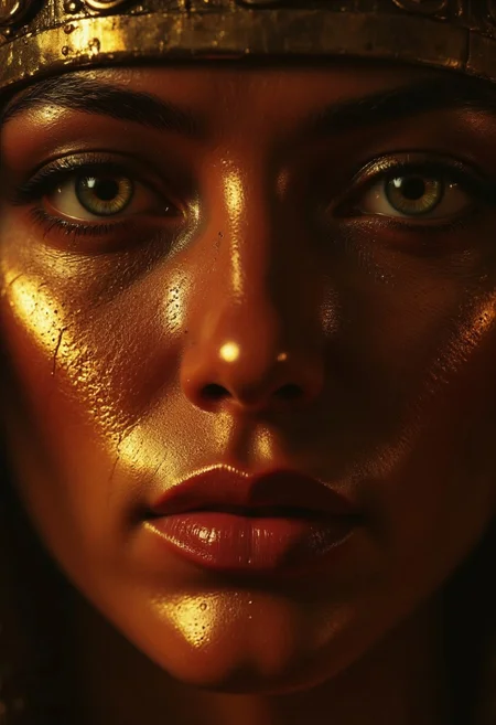 A sensual close-up portrait of Cleopatra, her face illuminated with soft, golden light that enhances her regal beauty. Her lips are full and meticulously detailed, with a slight sheen of deep crimson gloss, parted ever so slightly to reveal their natural allure. Her iconic eye makeup is striking: bold, black kohl lines extend dramatically from her almond-shaped eyes, winging outward with precision to form the classic Egyptian "feline flick." A shimmering band of gold eyeshadow accentuates her eyelids, blending seamlessly into her warm, honey-toned skin. Her thick, jet-black lashes curl upward, framing her penetrating gaze, which is both seductive and commanding. Tiny beads of sweat glisten on her flawless complexion, adding a subtle sensuality. Her high cheekbones are lightly brushed with a warm bronze tone, emphasizing her face's elegant structure. Cleopatra's look is the epitome of opulence and mystery, her beauty a timeless invitation to fascination.