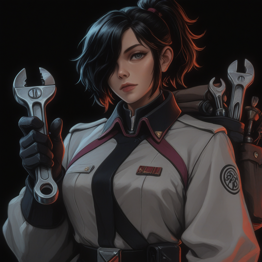 masterpiece, best quality, good quality, very awa, very aesthetic, absurdres, newest, (Perfect details), baba yaga, awaria, 1girl, black background, (sindrian) <lora:Starsector_NOOB_vPred_v1.0:0.9> collared jacket, double sided wrench, feet out of frame, gloves, hair over one eye, holding, holding wrench, leggings, long sleeves, looking at viewer, one eye covered, ponytail, gloves, short hair, sidelocks, solo, wrench, dark_fantasy_style, dark fantasy,  <lora:ponyv6_noobV1_2_adamW-000017:0.7> <lora:dark_fantasy_anime_illustriousXL:.6>